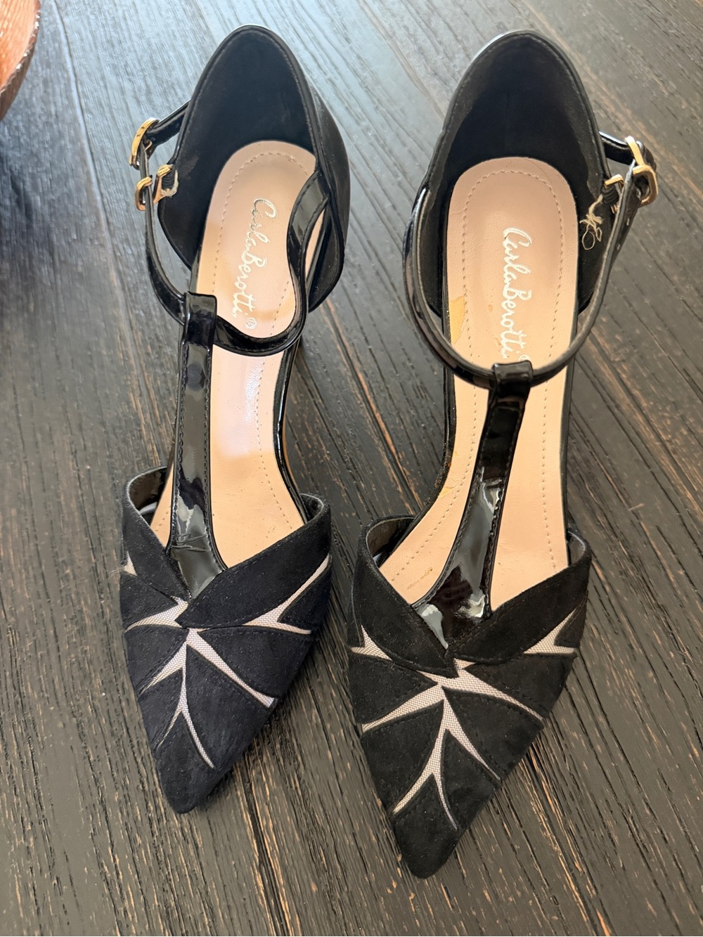 Black Pointed T-Strap Pumps with Contrast Detailing